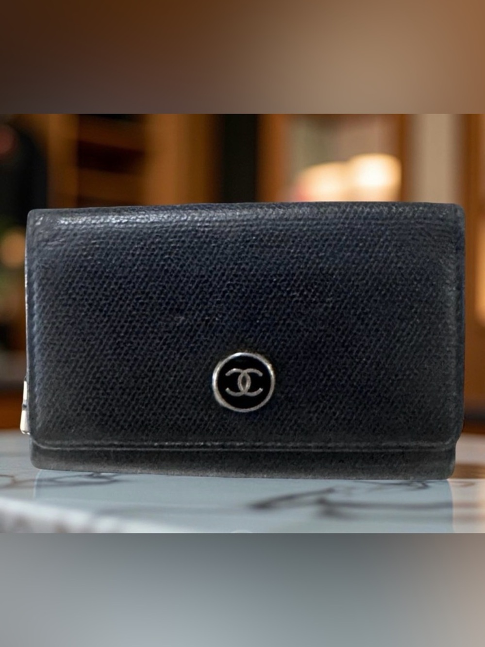Chanel Coco Button Card/ 6-Ring Key Case in black Caviar leather Mens/Womens
